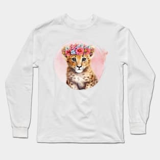 Cute Cheetah Cub With Floral Crown Long Sleeve T-Shirt